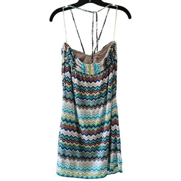 Trina Turk Ruched Sweetheart Halter Midi Dress | EUC | 6 | Blue Tan Multicolor - Picture 9 of 15